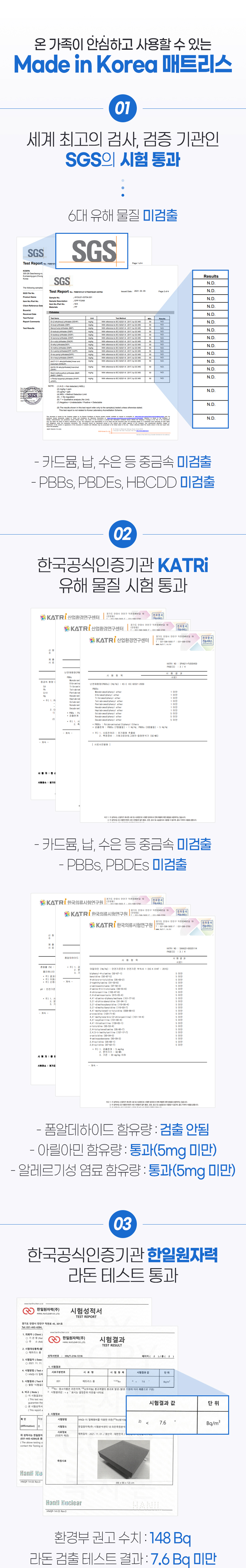 SGS 6대 유해물질 미검출, KATRI 유해물질 시험 통과, 한일원자력 라돈 시험 통과
